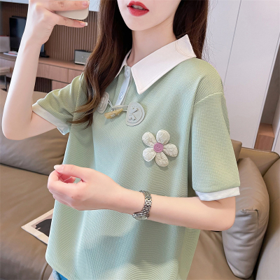 华夫格Polo领短袖T恤少女