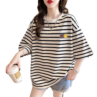 大码女装设计感条纹纯棉短袖T恤女夏季宽松初中高中学生洋气上衣