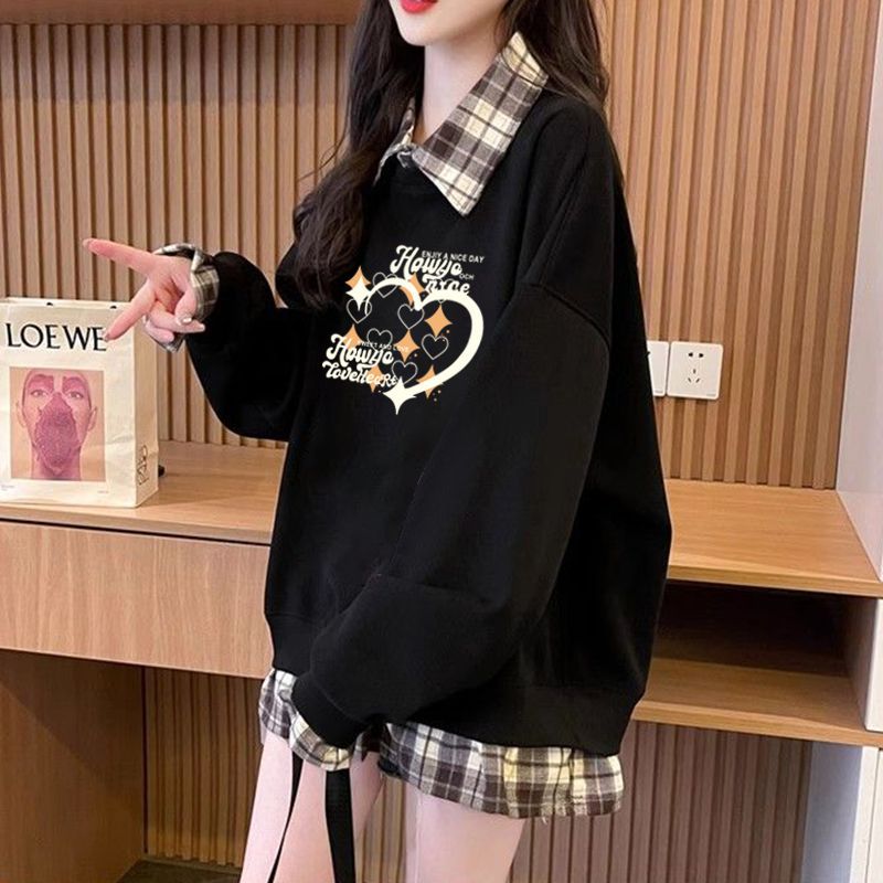 假两件polo领卫衣女春秋装2025新款洋气大码胖mm格子长袖t恤上衣