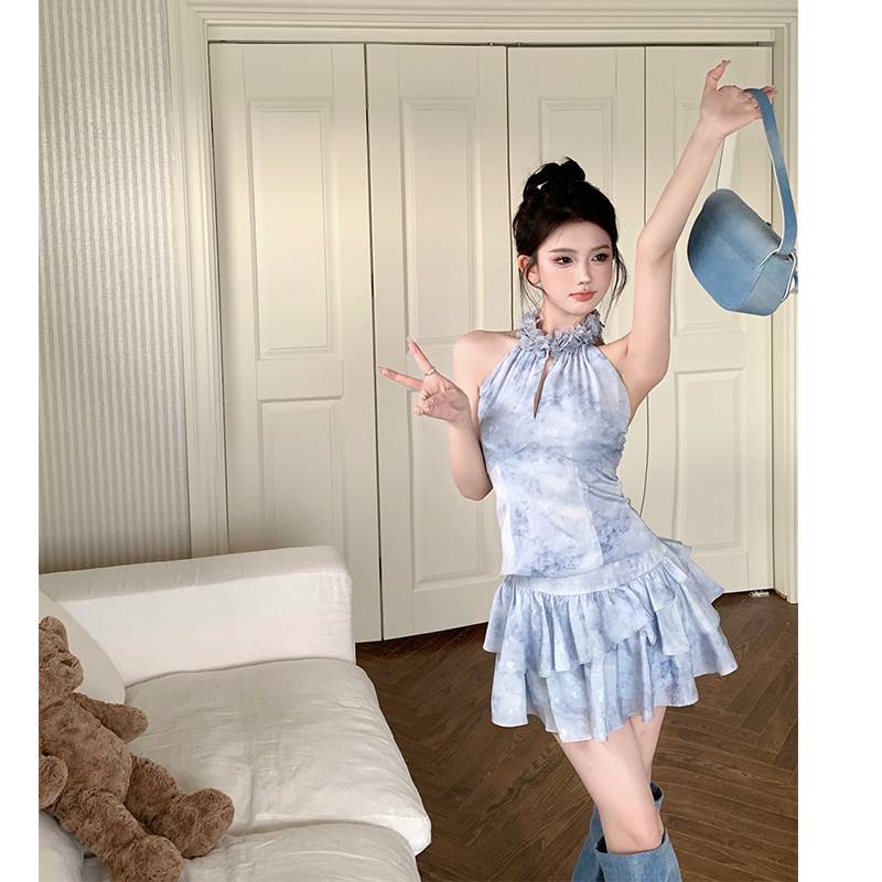 新中式套装性感挂脖蓝色吊带背心上衣女夏季裙子短裙半身裙两件套