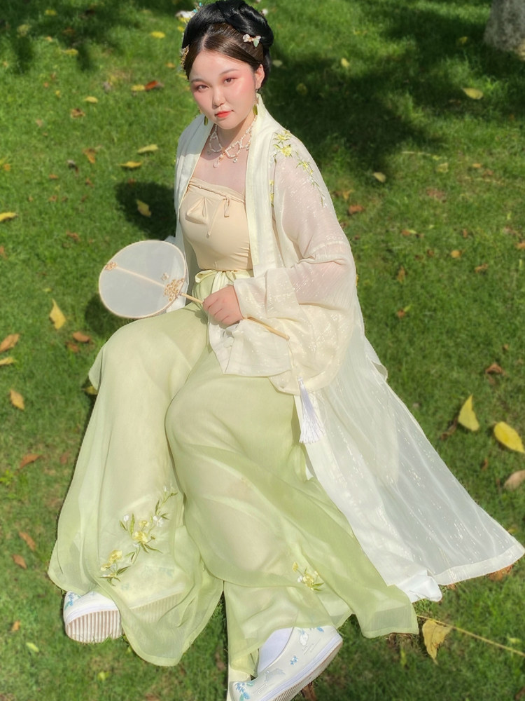 SUI QI NATURAL [RU MENG LING] 원래 대형 HANFU 여성 봄 여름 수 놓은 송나라 바지 향상된 멜빵 송 바지