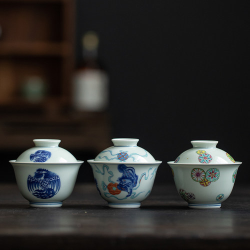 仿古青花盖碗泡茶杯功夫茶具高档