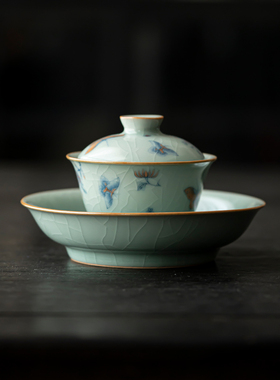 草木祠天青汝窑盖碗二才碗泡茶器陶瓷敬茶碗可悬停壶承养壶垫托盘