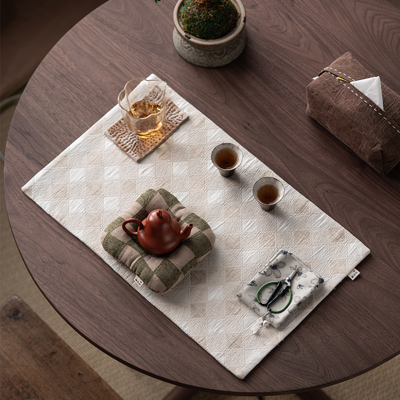 草木祠 格子提花干泡席禅意茶垫简约茶桌茶旗隔热垫防水棉麻茶席