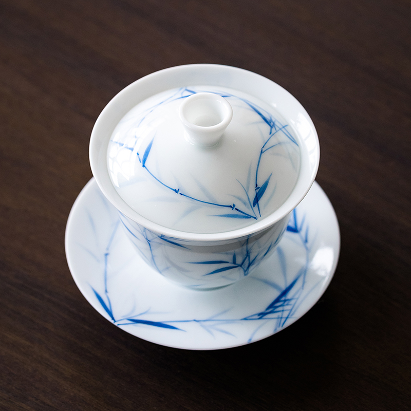 草木祠手绘竹影大茶杯礼盒盖碗