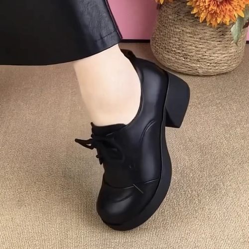 2025春秋新款粗跟系带真皮女鞋深口单鞋英伦风小皮鞋百搭乐福鞋子