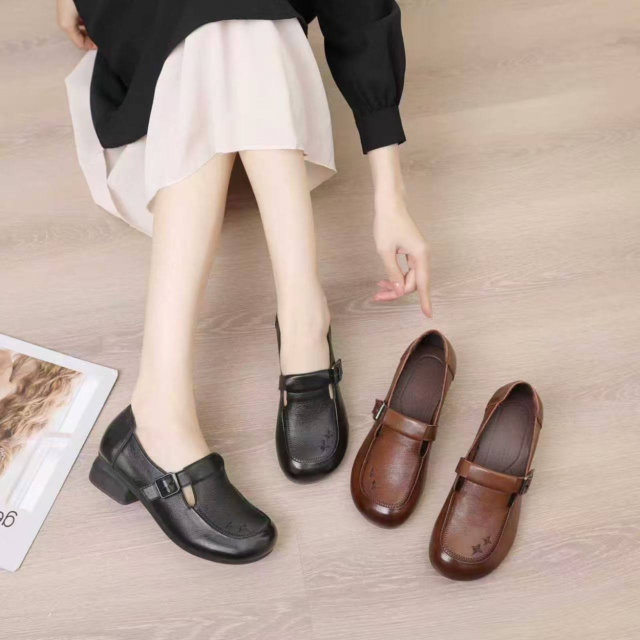 春秋季超软牛筋底复古手工新款全牛皮休闲女鞋单鞋舒适防滑妈妈鞋,女鞋,深口单鞋,淘宝优惠券,粉丝福利购,淘宝优惠卷