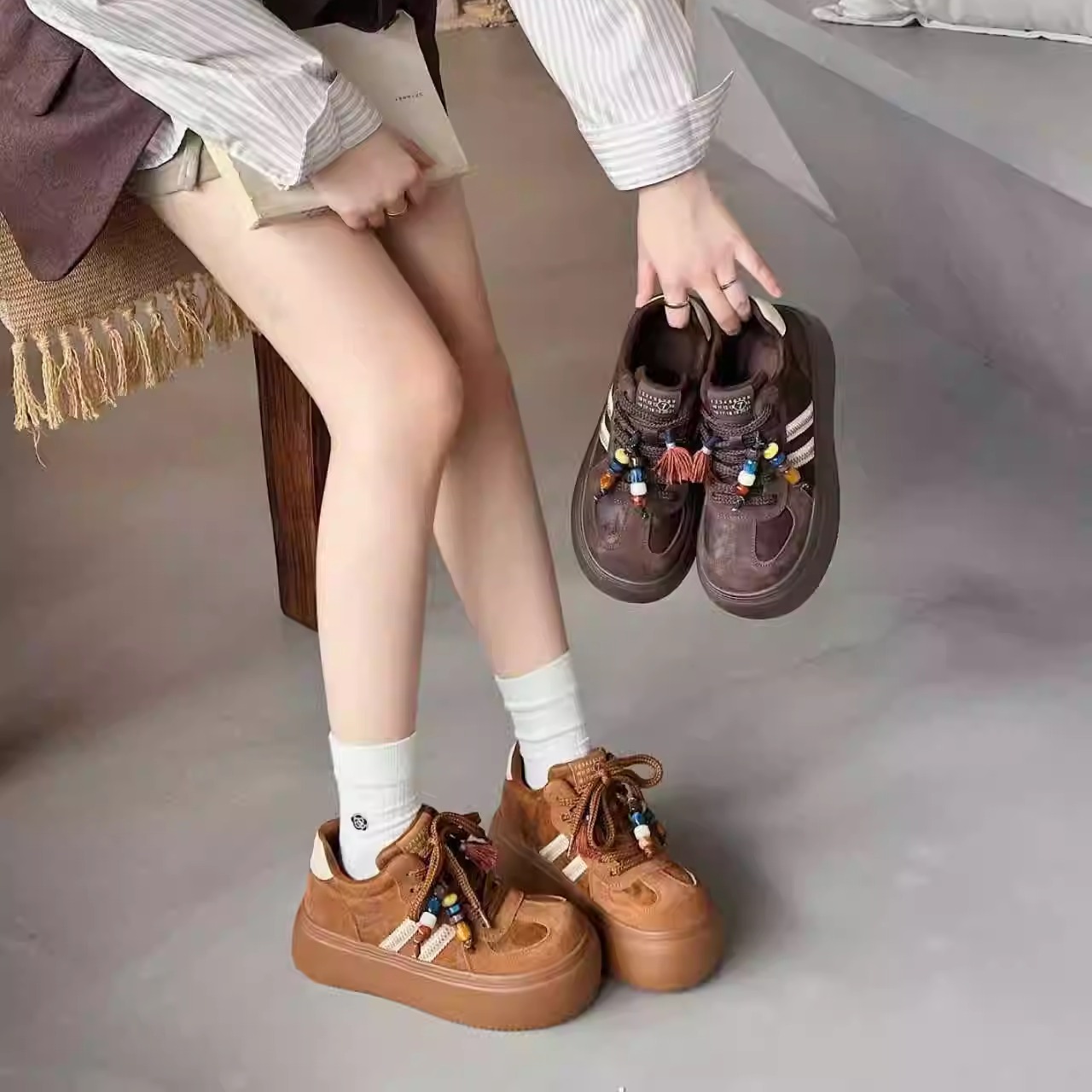 2025冬季厚底板鞋真牛皮女鞋加绒保暖二棉鞋德训鞋美拉德大头鞋