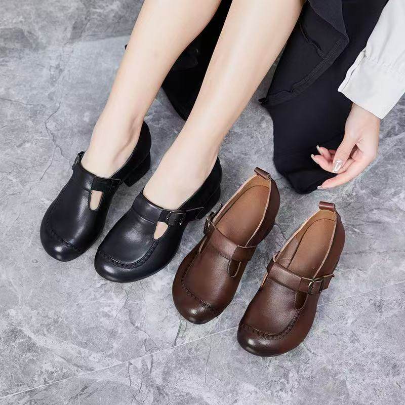 春季新款民族风真皮单鞋女复古粗跟软底圆头中老妈妈鞋休闲小皮鞋,女鞋,深口单鞋,淘宝优惠券,粉丝福利购,淘宝优惠卷