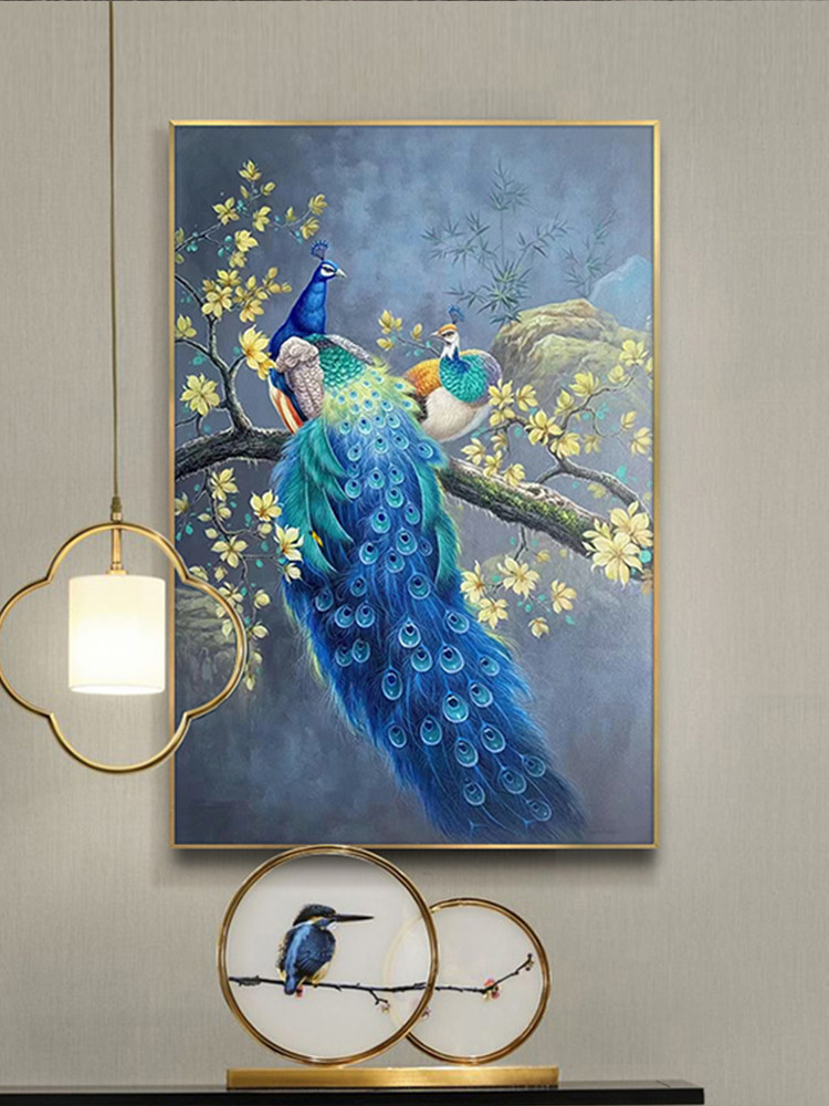 吉祥孔雀新中式纯手绘油画寓意好客厅装饰画动物玄关楼梯花卉挂画