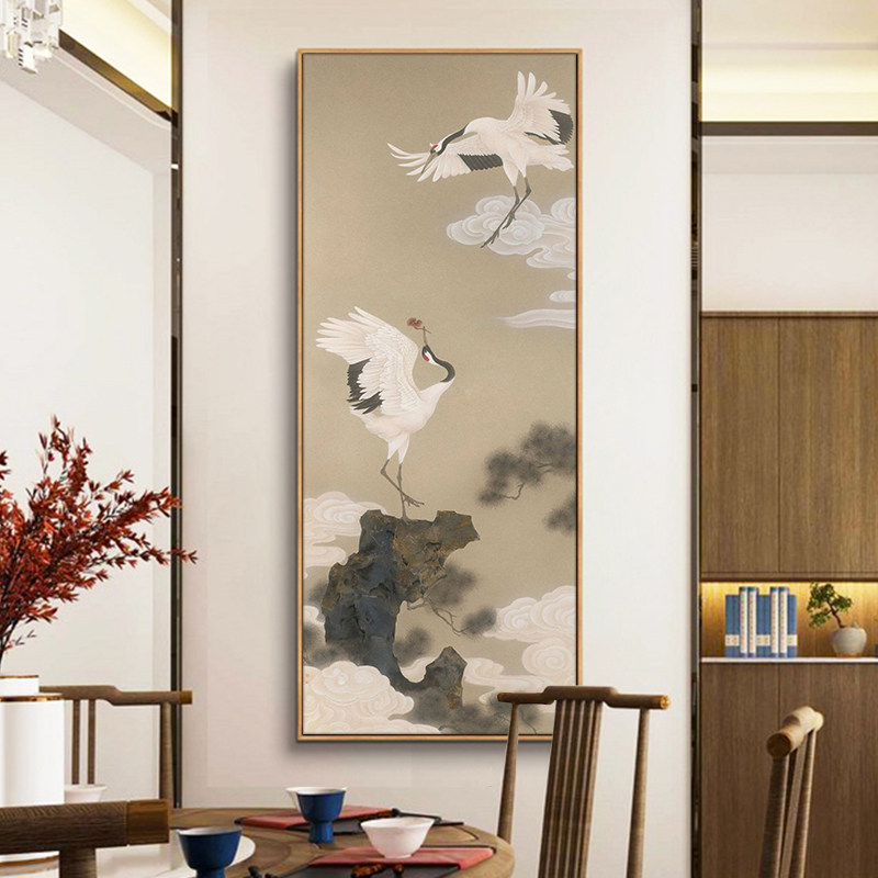 仙鹤客厅装饰画意境丹顶鹤纯手绘油画禅意竖版玄关别墅丙烯挂画