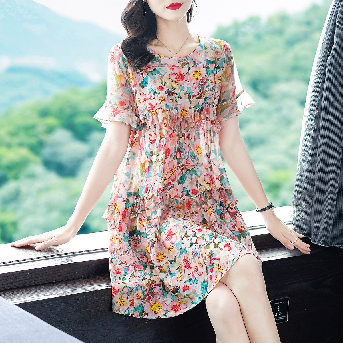 2025新款桑蚕丝裙子碎花真丝连衣裙宽松小个子大码女装胖mm69218