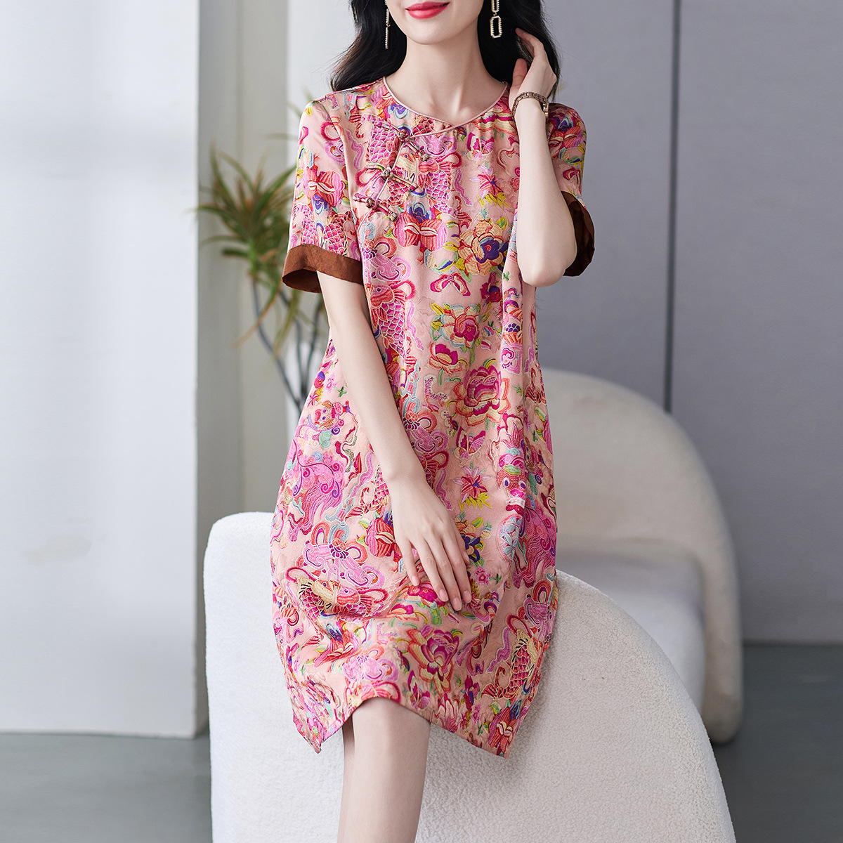 中国风改良旗袍连衣裙女2025新款新中式提花气质修身显瘦A字裙子