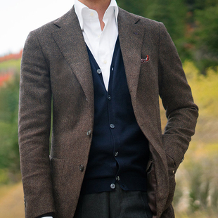 NHO2定制粗纺花呢修身 西装 harris Tweed哈里斯羊毛半麻衬西服 男士