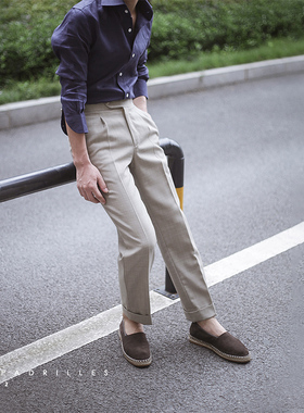 NHO2定制男士秋季单褶西裤那不勒斯巴黎扣复古卷边羊毛长裤NAPOLI