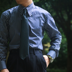 托马斯梅森面料蓝色条纹教父尖领碎褶 NHO2那不勒斯定制手工衬衫