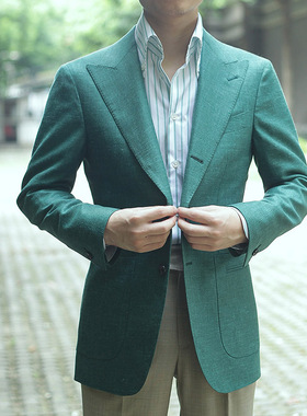 NHO2定制那不勒斯毛麻丝纯色格纹单西休闲商务结婚西装墨绿色上班
