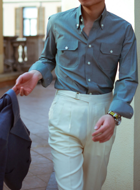 NHO2男士复古工装风格双口袋纯棉高级感衬衫绿色尖领长袖休闲衬衣