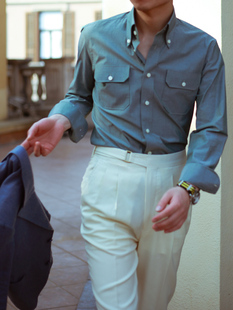 双口袋纯棉高级感衬衫 NHO2男士 复古工装 风格 休闲衬衣 绿色尖领长袖