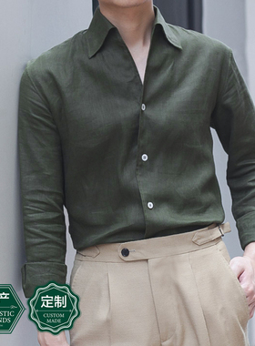 NHO2定制新款亚麻墨绿色一片领衬衫男士商务正装衬衣长袖婚礼衬衫