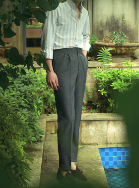 NHO2夏季薄款男士加捻抗皱碎褶灰色羊毛休闲西裤那不勒斯直筒长裤