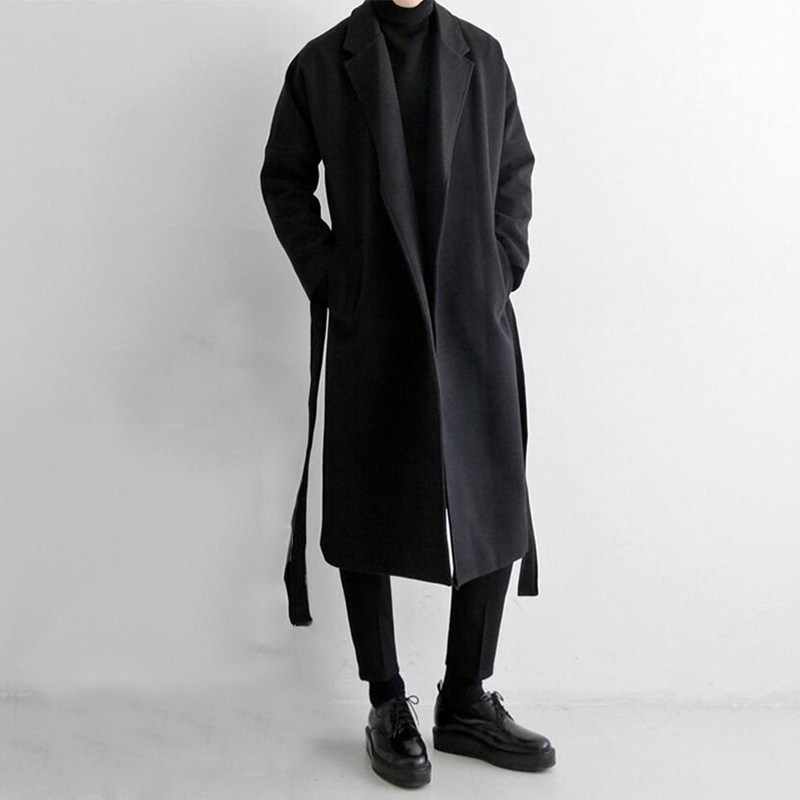 BLACK WOOLEN COAT MENS MID-LENGTH COAT AUTUMN AND WINTER HIGH-END BRITISH YUPPIE HANDSOME KOREAN WINDBREAKER DESIGN