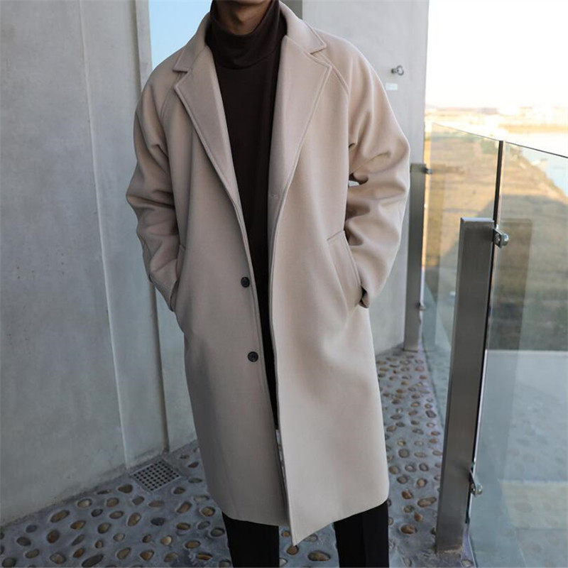 BLACK WOOLEN COAT MENS MID-LENGTH COAT AUTUMN AND WINTER HIGH-END BRITISH YUPPIE HANDSOME KOREAN WINDBREAKER DESIGN