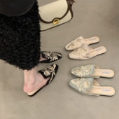 女鞋 41一43胖脚宽肥平底包头半拖鞋 女新中式 大码 气质名媛风穆勒鞋