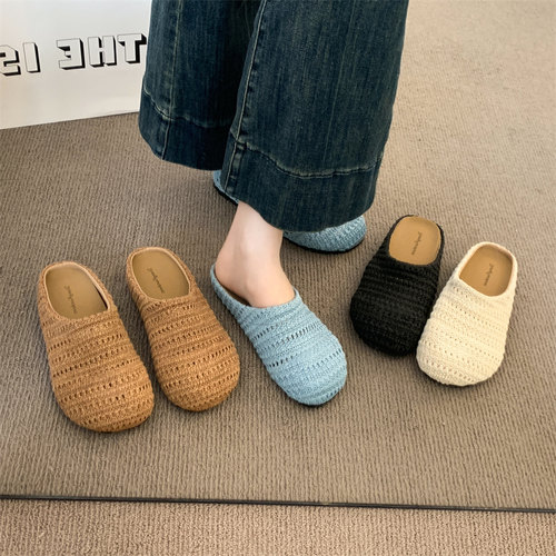 大码女鞋41一43胖脚宽波西米亚风包头半拖鞋女懒人一脚蹬编织凉拖