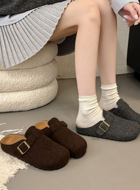 大码女鞋41到43胖脚宽肥复古风毛呢半拖勃肯鞋女一脚蹬包头懒人鞋