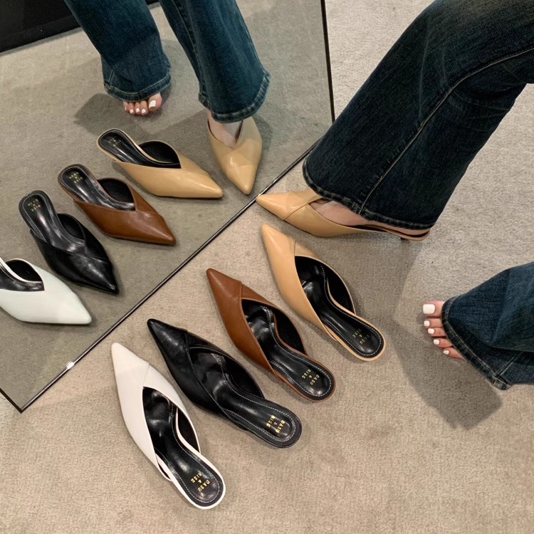 大码女鞋41一43胖脚宽肥懒人包头半拖鞋女网红尖头细跟高跟穆勒鞋