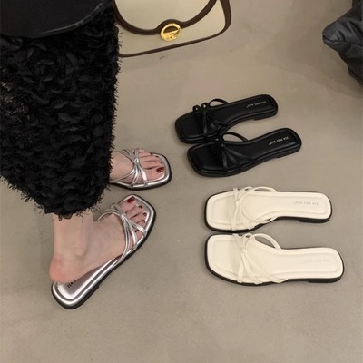 大码女鞋41一43胖脚宽肥法式平底拖鞋女配裙子孕妇防滑沙滩一字拖