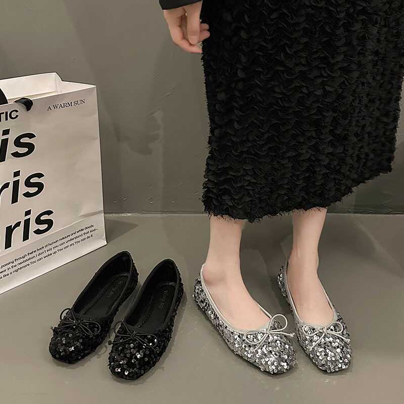 大码女鞋41一43法式晚风亮片浅口单鞋女韩版气质女士一脚蹬豆豆鞋