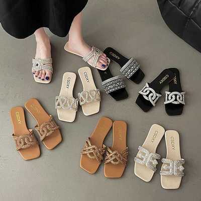 胖脚宽肥大码女鞋41一43仙女风凉拖女外穿时尚百搭水钻平底一字拖