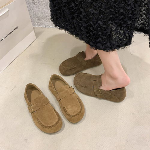 大码女鞋胖脚宽肥41到43复古磨砂平底勃肯鞋女懒人一脚蹬软底单鞋