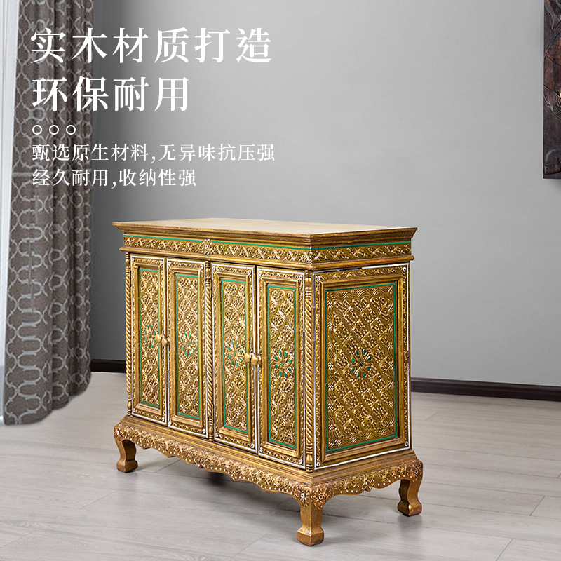 泰国东南亚实木餐边柜子隔断玄关门厅金箔收纳柜家用玄关柜储物柜