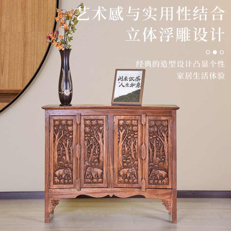 东南亚高端轻奢实木雕刻泰式家用餐边桌储物泰式柜原木隔断玄关鞋