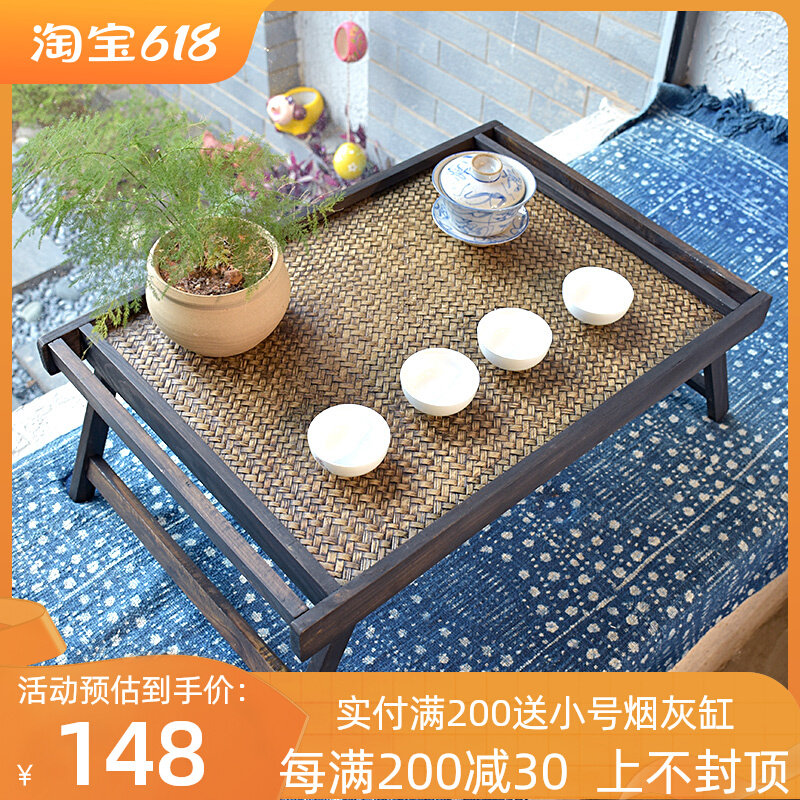 可折叠桌榻榻米茶几竹编日式飘窗桌子小茶桌复古实木质阳台野餐桌