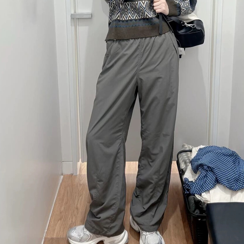 冬季新款女装户外加绒加厚防风防水抽绳松紧腰宽松直筒休闲长裤