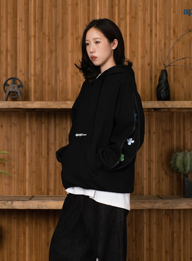 apoge3阿保机 拉链刺绣小花卫衣连帽宽松情侣美式秋冬外套重磅