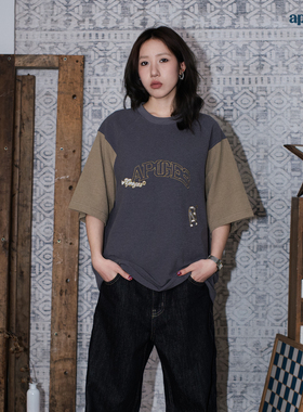 APOGE3阿保机 280g重磅美式插肩拼接短袖T恤男潮牌宽松情侣半袖女