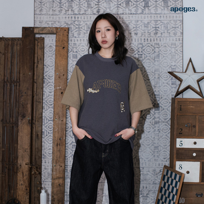 APOGE3阿保机 280g重磅美式插肩拼接短袖T恤男潮牌宽松情侣半袖女