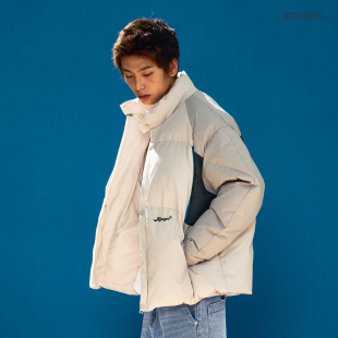 APOGE3阿保机 哈灵顿拼色羽绒服男宽松休闲潮牌外套白鸭绒美式