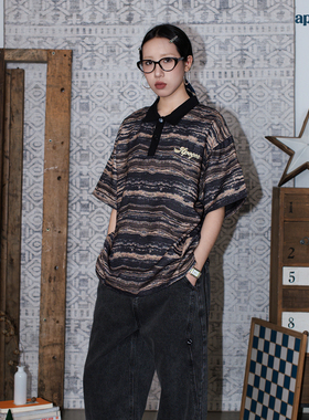 APOGE3阿保机 条纹polo衫男短袖夏季美式街头宽松潮牌t恤情侣女