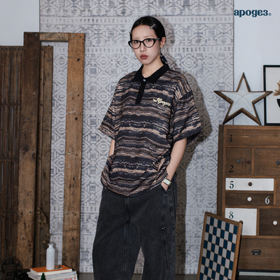 APOGE3阿保机 条纹polo衫男短袖夏季美式街头宽松潮牌t恤情侣女