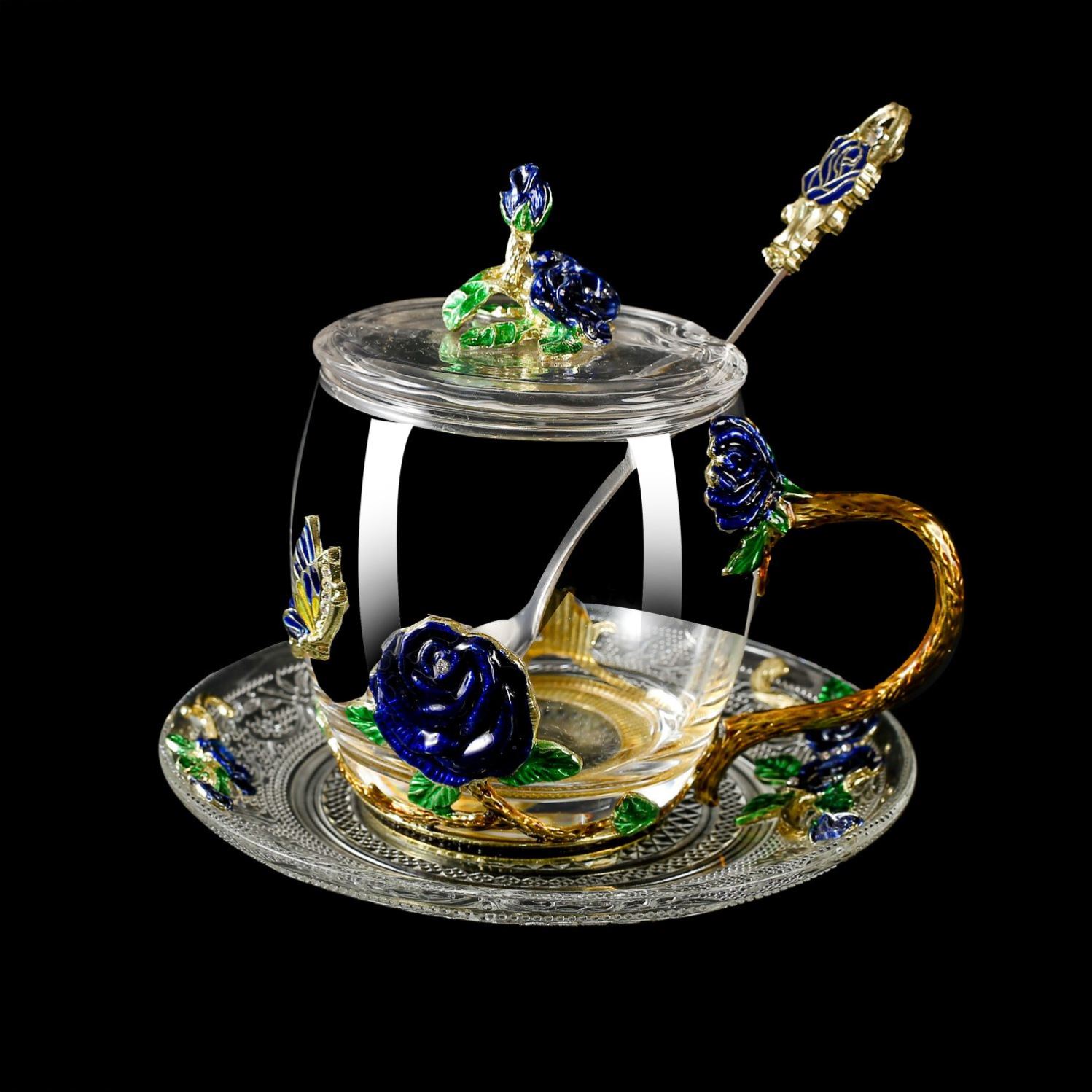 珐琅彩水杯耐热玻璃杯咖啡泡茶杯子女花茶杯家用杯子玻璃杯带盖