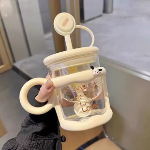玻璃杯家用马克杯可爱耐热水杯女生吸管带勺办公室早餐咖啡杯 爆款