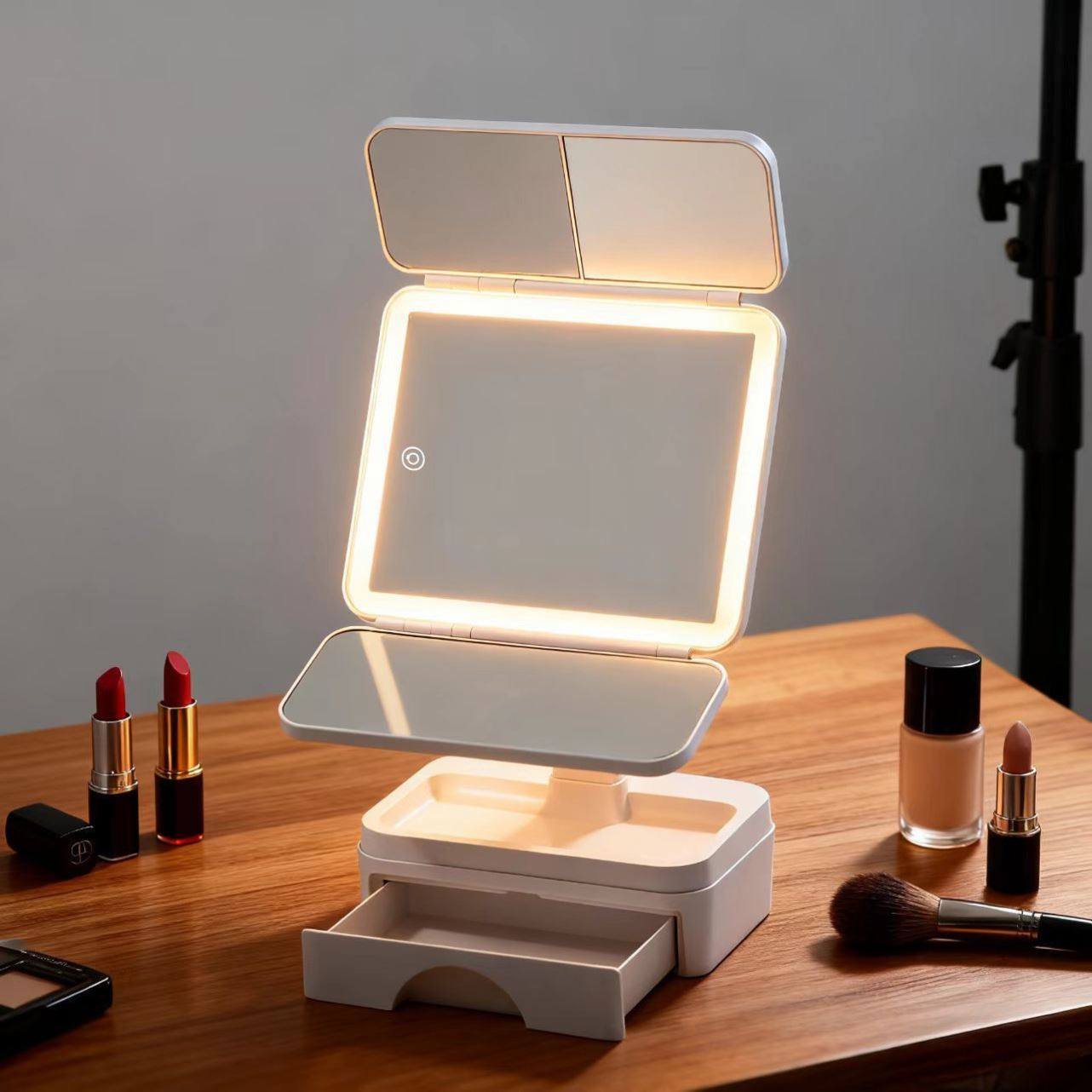 网红可升降led化妆镜带灯三折叠生日礼物送女闺蜜精致感圣诞礼物