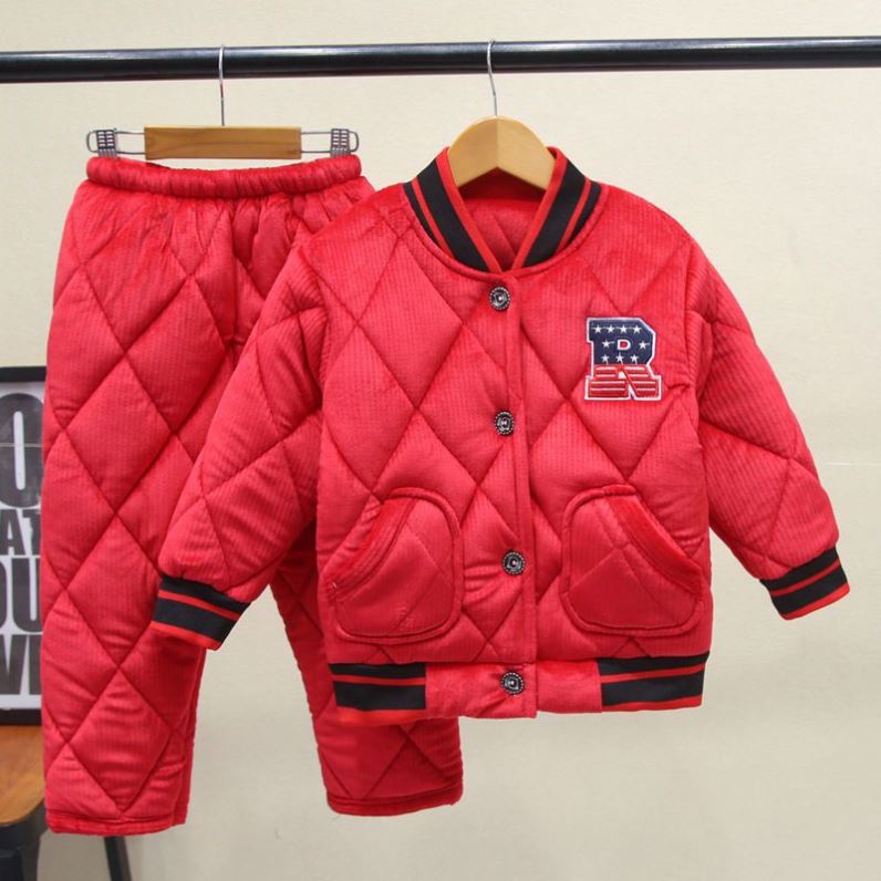 儿童睡衣冬季加绒加厚款男童女童法兰绒珊瑚绒男孩棒球服夹棉套装