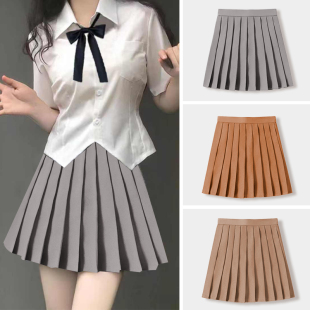 西装百褶裙女生半身裙春季新款高腰微胖显瘦夏天小个子灰色短裙